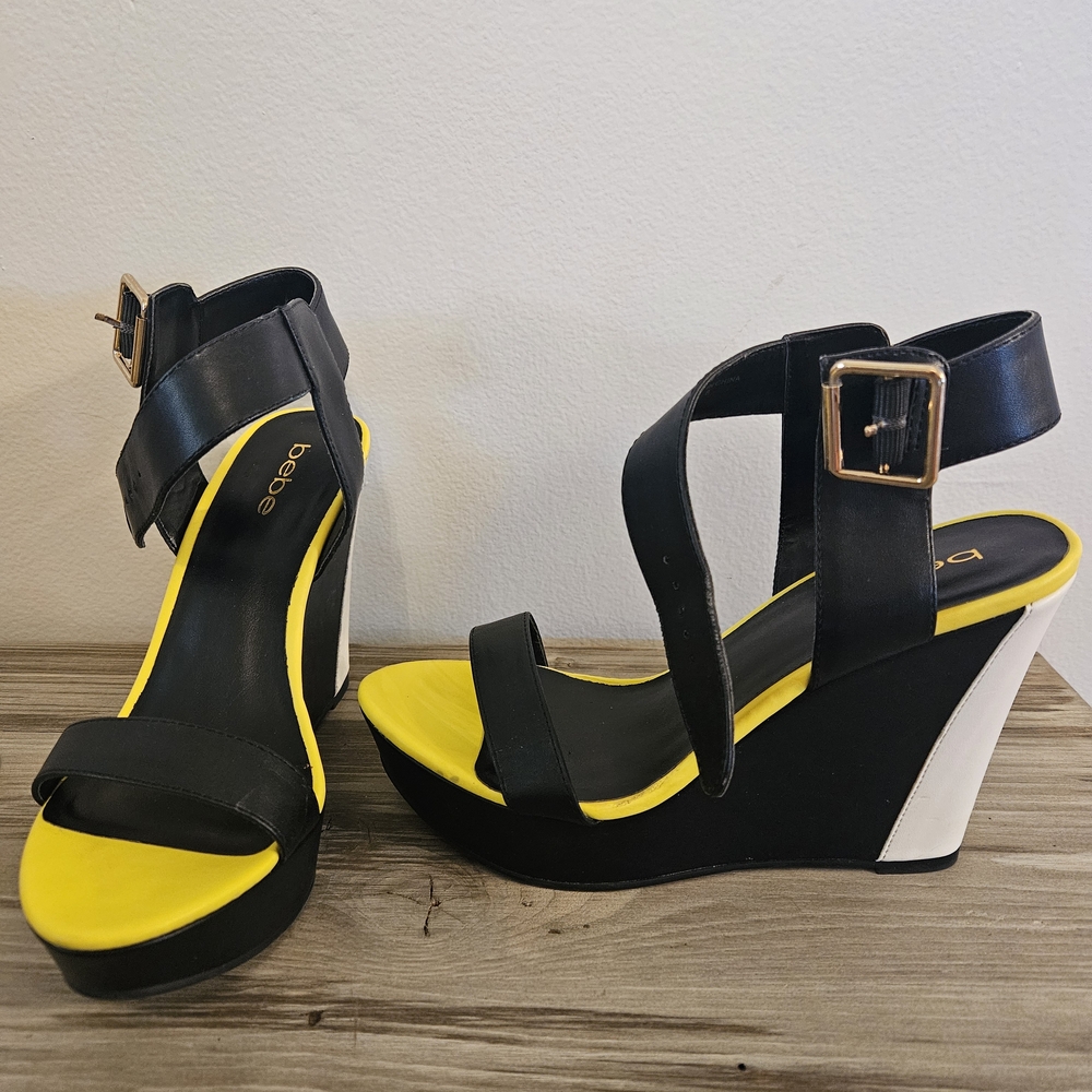 Bebe Black and Yellow Strappy Wedges